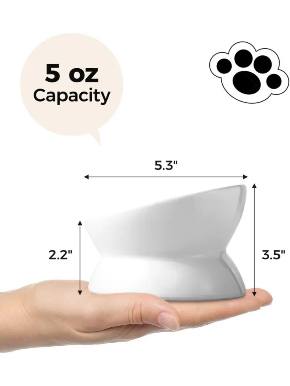 Elevated Ceramic Cat & Dog Bowls, Anti-Vomit Tilted Design, 2 Pack, White